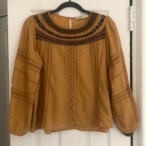 ZARA Woman Premium Denim Collection Medium Embroidered Blouse Yellow/Black